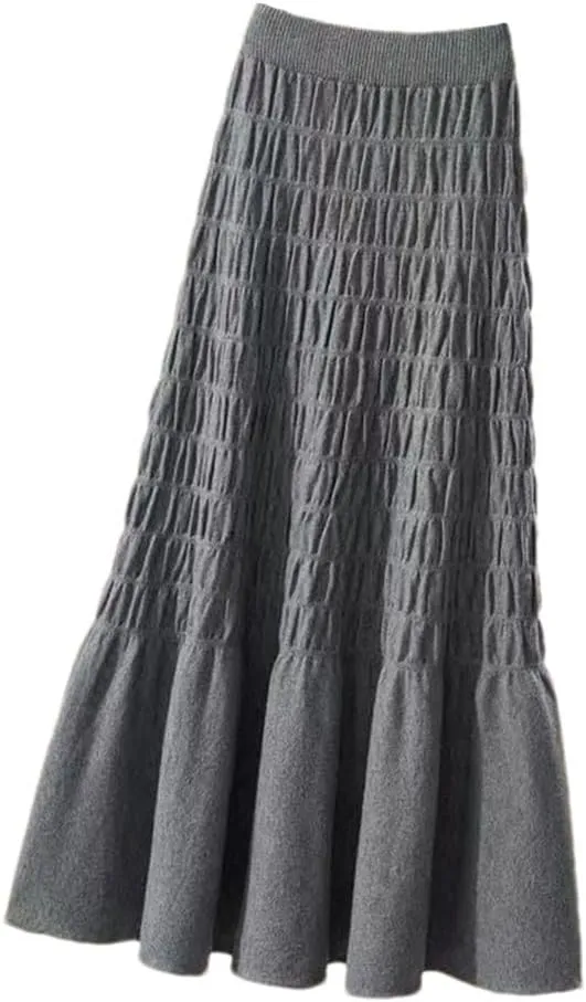 Winter Pleated Knitted Women Office Long Skirt Autumn Thickening Sweater A-Line Large Swing Midi Skirt