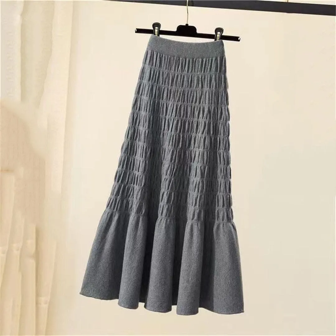 Winter Pleated Knitted Women Office Long Skirt Autumn Thickening Sweater A-Line Large Swing Midi Skirt