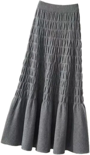 Winter Pleated Knitted Women Office Long Skirt Autumn Thickening Sweater A-Line Large Swing Midi Skirt