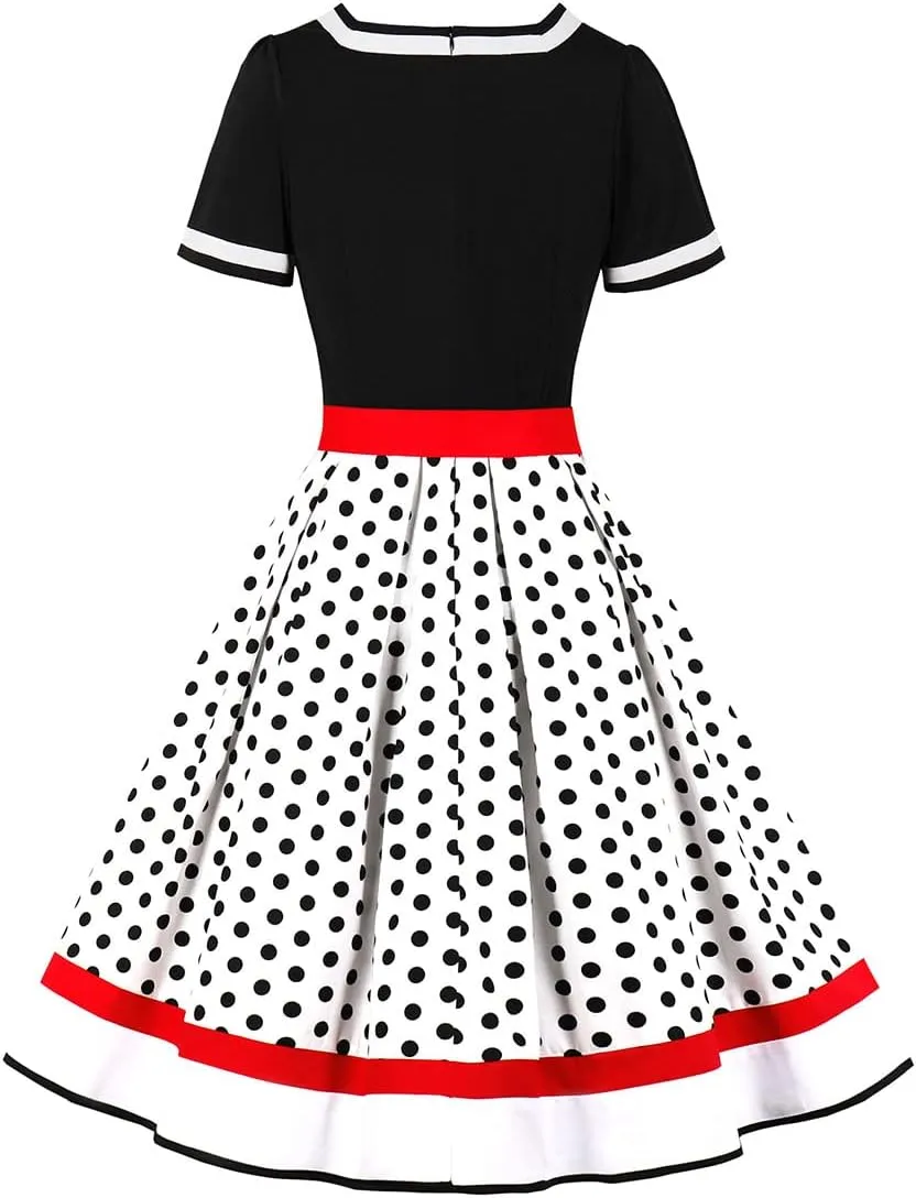 Women 1950s Vintage Short Sleeve Peter Pan Collar Retro Swing A Line Midi Summer Dress Cocktail Party Evening Prom Gown