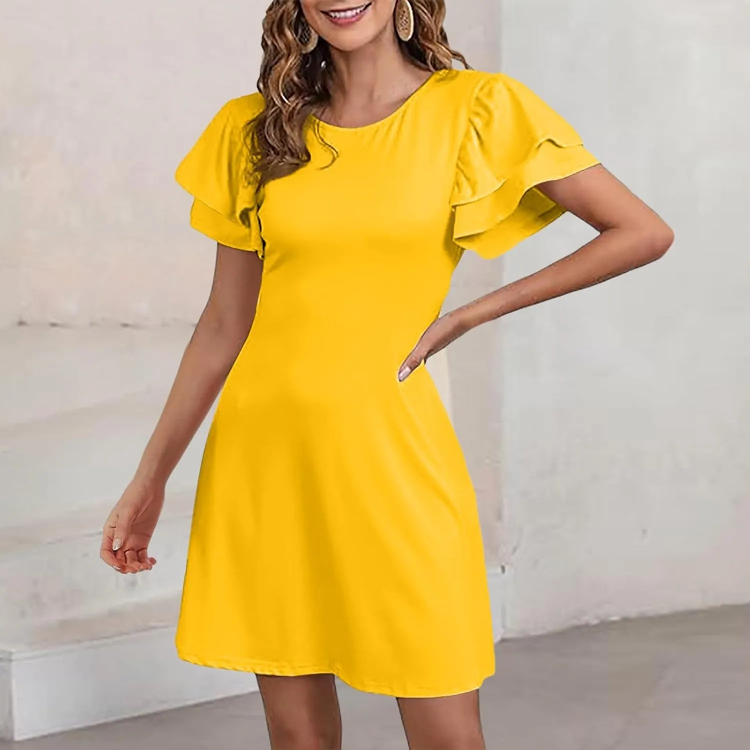 Women 2024 Summer Ruffle Edge Sleeve Dresses Floral Casual Beach Mini Dress with Pocket Trendy Basic Solid Dress