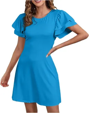Women 2024 Summer Ruffle Edge Sleeve Dresses Floral Casual Beach Mini Dress with Pocket Trendy Basic Solid Dress