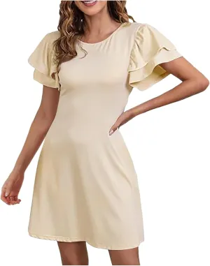 Women 2024 Summer Ruffle Edge Sleeve Dresses Floral Casual Beach Mini Dress with Pocket Trendy Basic Solid Dress