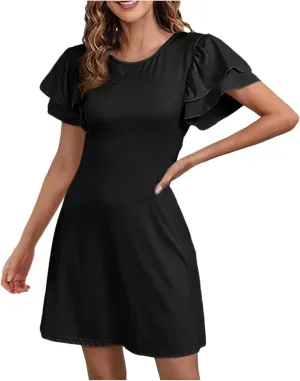 Women 2024 Summer Ruffle Edge Sleeve Dresses Floral Casual Beach Mini Dress with Pocket Trendy Basic Solid Dress