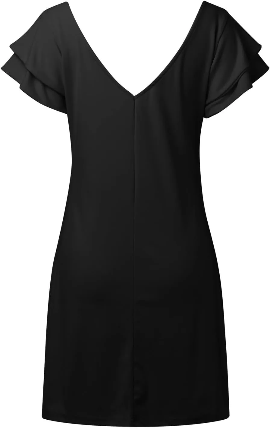 Women 2024 Summer Ruffle Edge Sleeve Dresses Floral Casual Beach Mini Dress with Pocket Trendy Basic Solid Dress