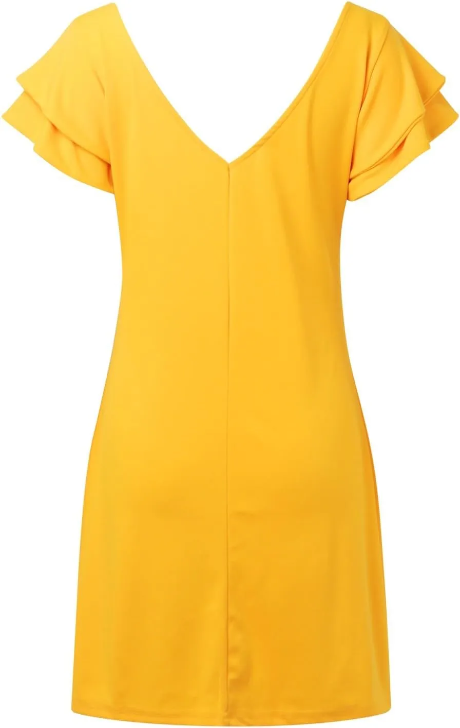 Women 2024 Summer Ruffle Edge Sleeve Dresses Floral Casual Beach Mini Dress with Pocket Trendy Basic Solid Dress