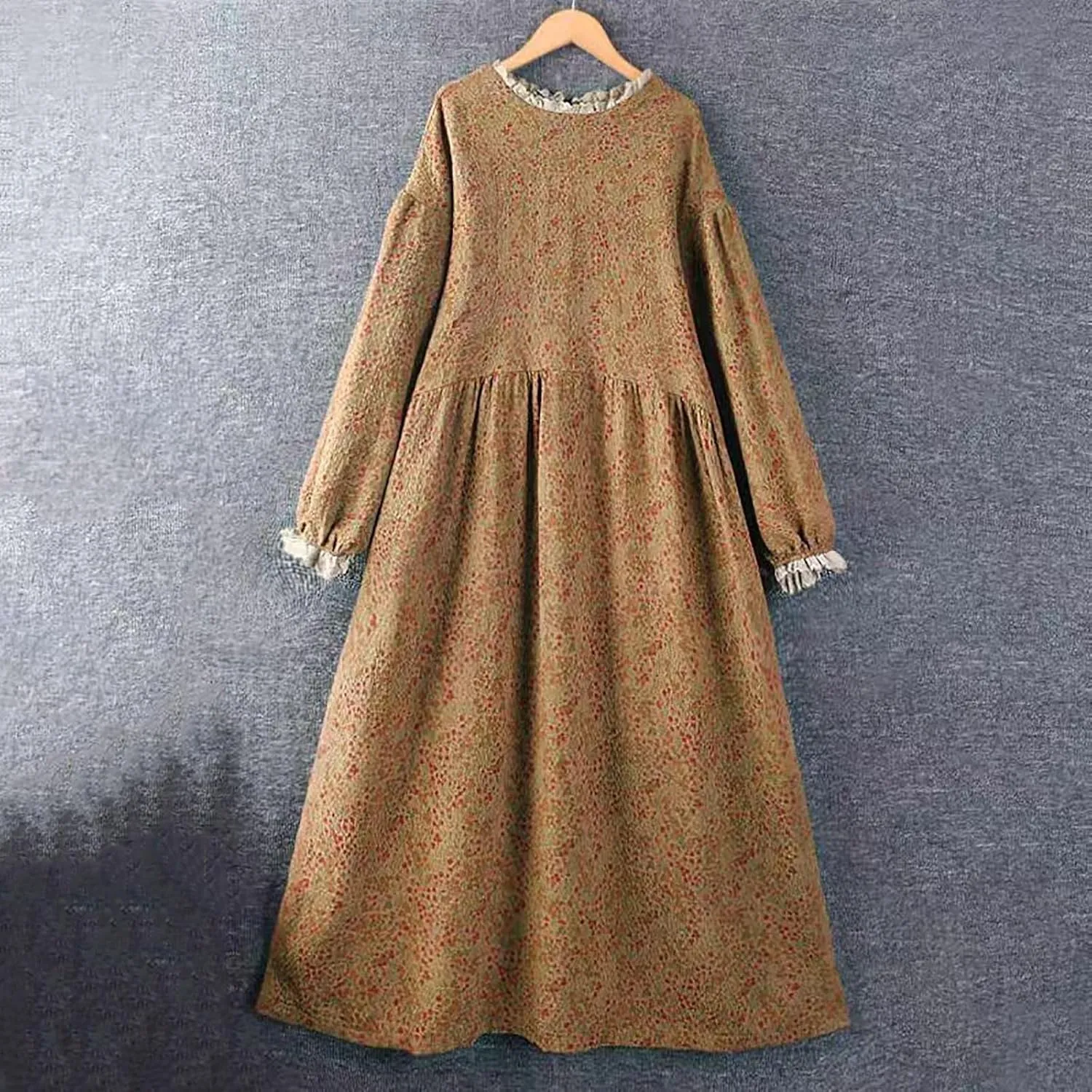 Women Boho Cotton Linen Dress Lace Trim Crew Neck Long Sleeve Midi Dresses Vintage Classic Floral Printed A-Line Dress