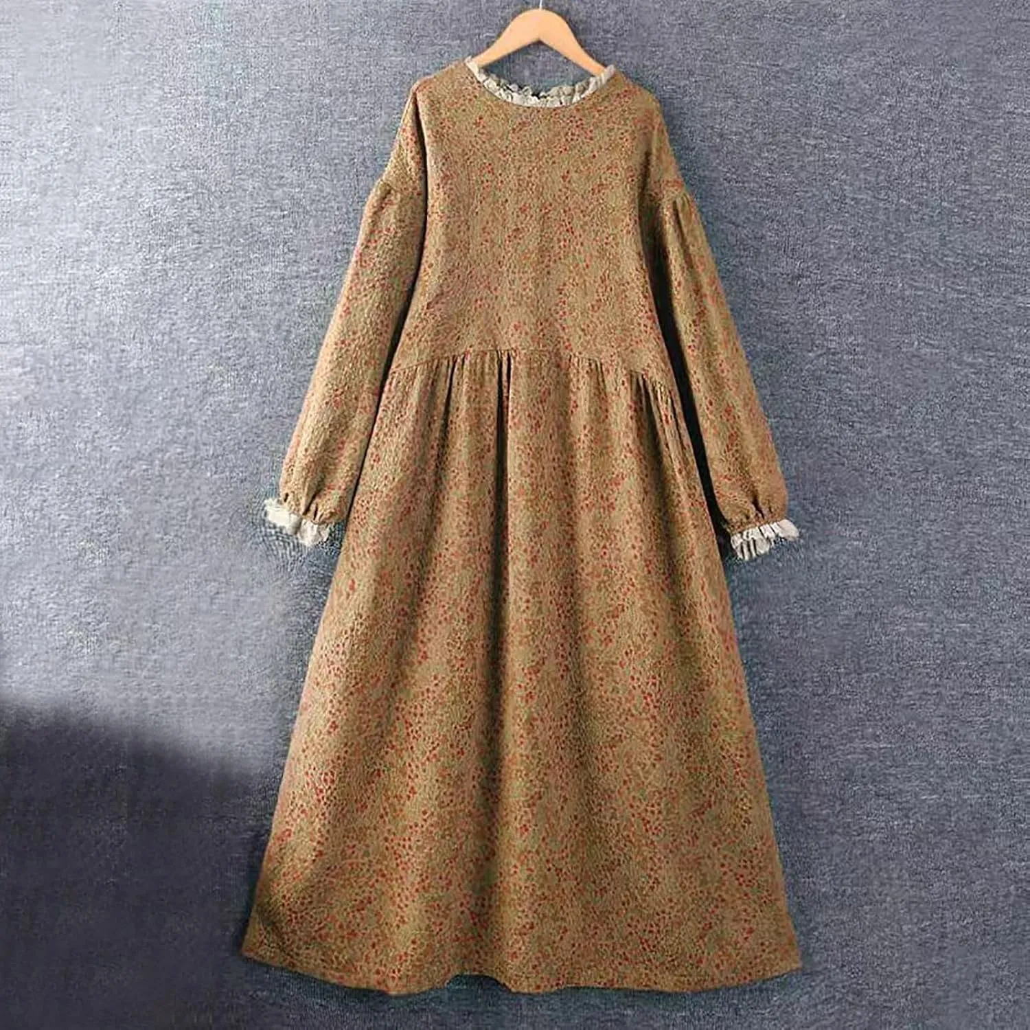 Women Boho Cotton Linen Dress Lace Trim Crew Neck Long Sleeve Midi Dresses Vintage Classic Floral Printed A-Line Dress