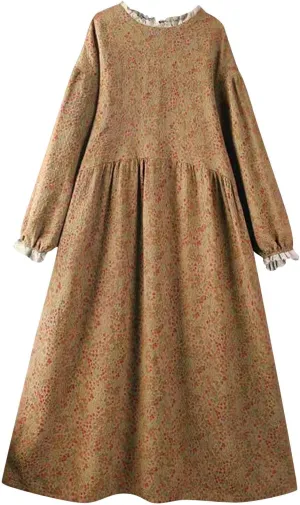Women Boho Cotton Linen Dress Lace Trim Crew Neck Long Sleeve Midi Dresses Vintage Classic Floral Printed A-Line Dress