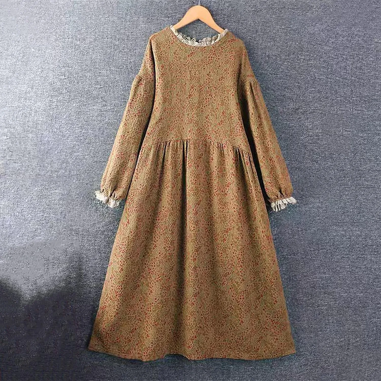Women Boho Cotton Linen Dress Lace Trim Crew Neck Long Sleeve Midi Dresses Vintage Classic Floral Printed A-Line Dress