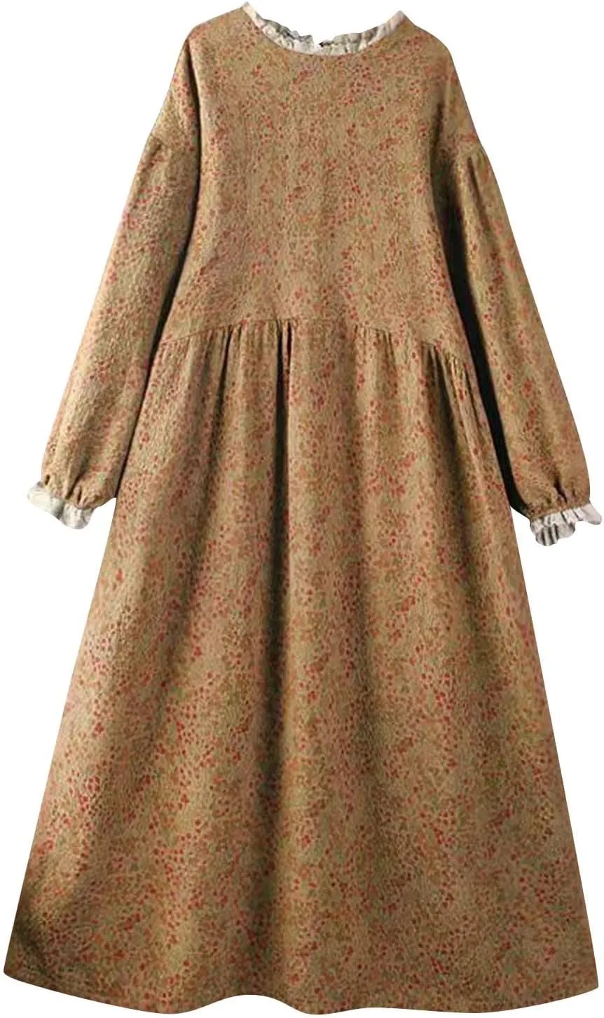 Women Boho Cotton Linen Dress Lace Trim Crew Neck Long Sleeve Midi Dresses Vintage Classic Floral Printed A-Line Dress