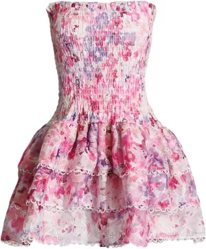 Women Colorblock Printing Mini Dress Strapless Sleeveless High Waist Spliced Folds Slimming Dresses