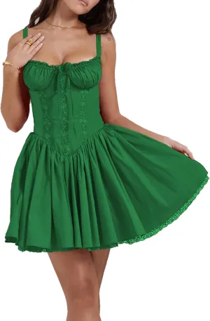 Women Corset Floral Mini Dress Sexy Spaghetti Strap Low Cut Ruffle Lace Short Dresses Summer Bustier Sundress