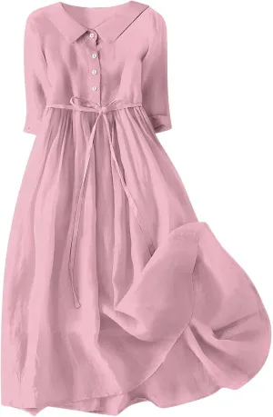 Women Cotton Linen Dresses 3/4 Sleeve Pleated Plain Maxi Long Dress Classic Dresses Trendy Boho Dresses with Belt