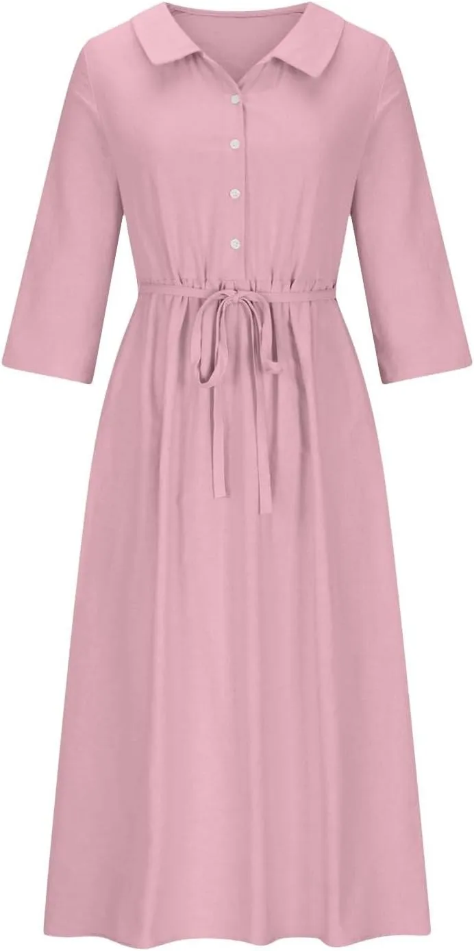 Women Cotton Linen Dresses 3/4 Sleeve Pleated Plain Maxi Long Dress Classic Dresses Trendy Boho Dresses with Belt
