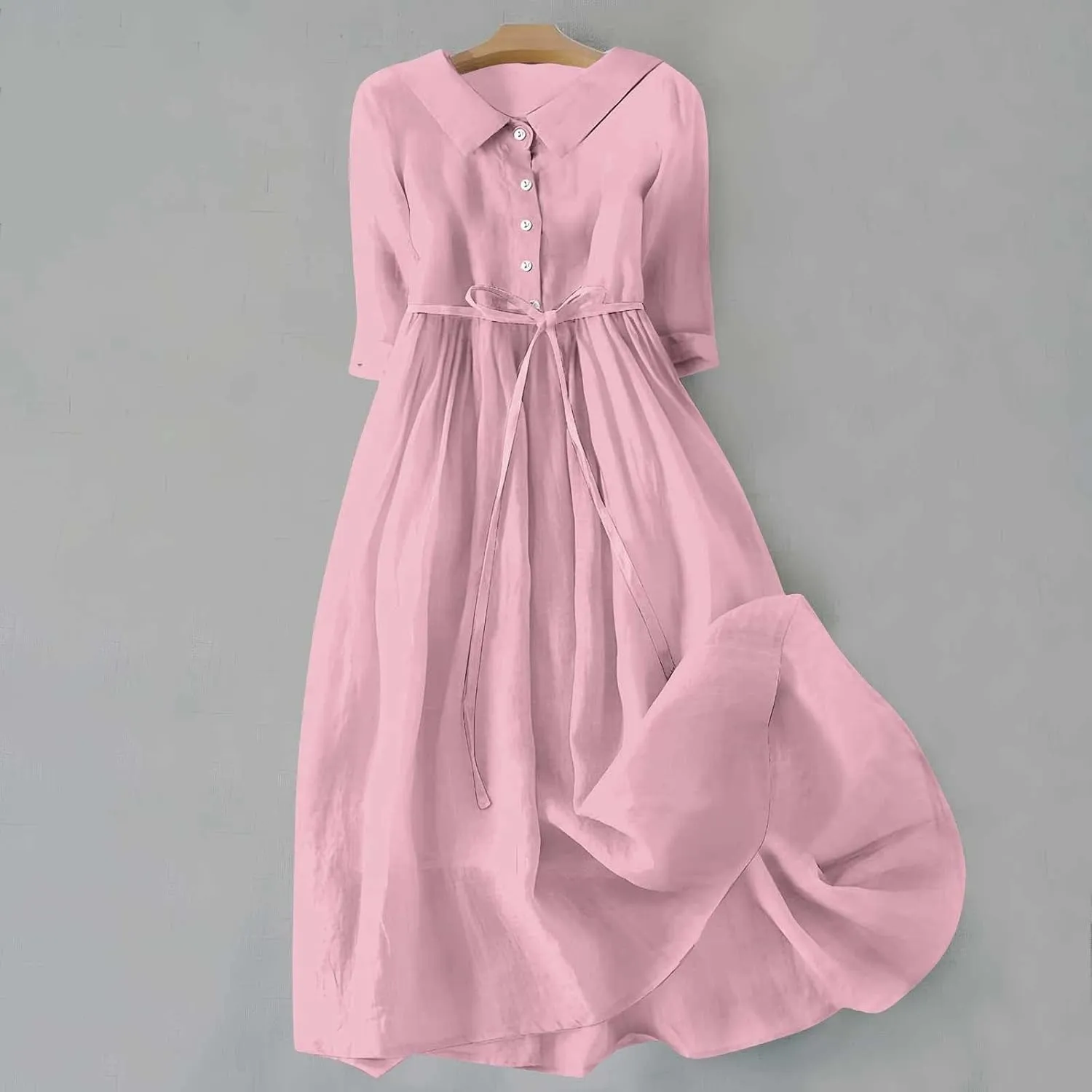 Women Cotton Linen Dresses 3/4 Sleeve Pleated Plain Maxi Long Dress Classic Dresses Trendy Boho Dresses with Belt