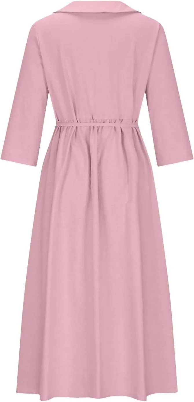 Women Cotton Linen Dresses 3/4 Sleeve Pleated Plain Maxi Long Dress Classic Dresses Trendy Boho Dresses with Belt