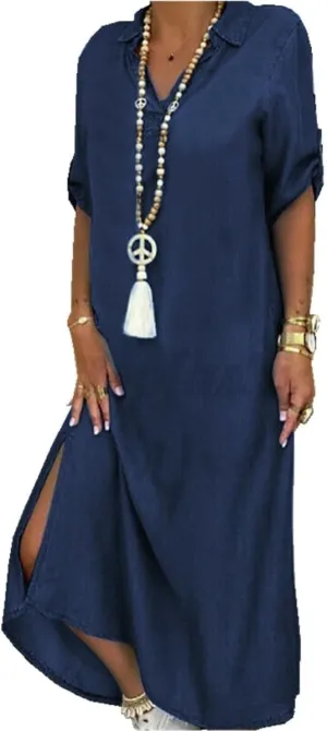 Women Denim Shirt Dress Summer Casual Loose Half Sleeve Classic Vintage Button Down Shirt Dresses with Pockets