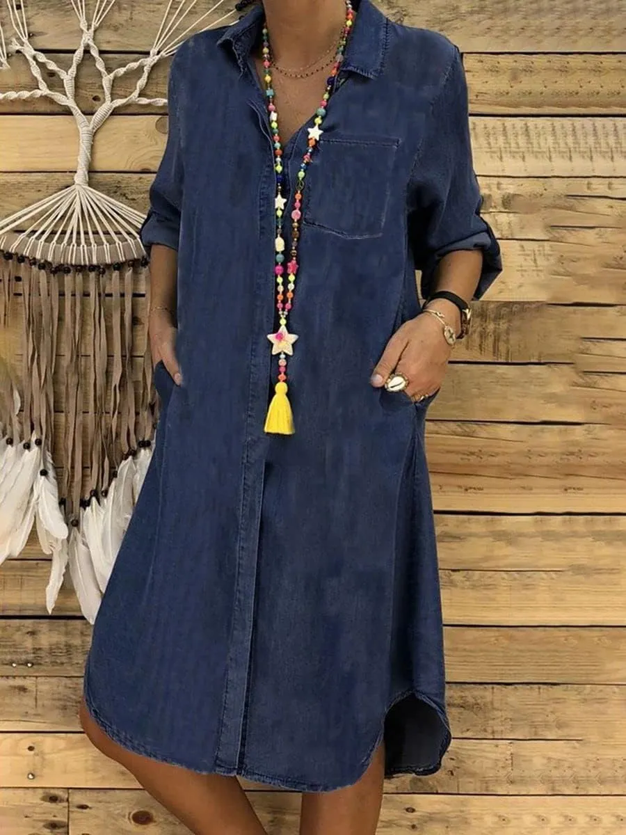 Women Denim Shirt Dress Summer Casual Loose Half Sleeve Classic Vintage Button Down Shirt Dresses with Pockets