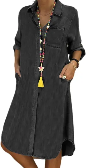 Women Denim Shirt Dress Summer Casual Loose Half Sleeve Classic Vintage Button Down Shirt Dresses with Pockets