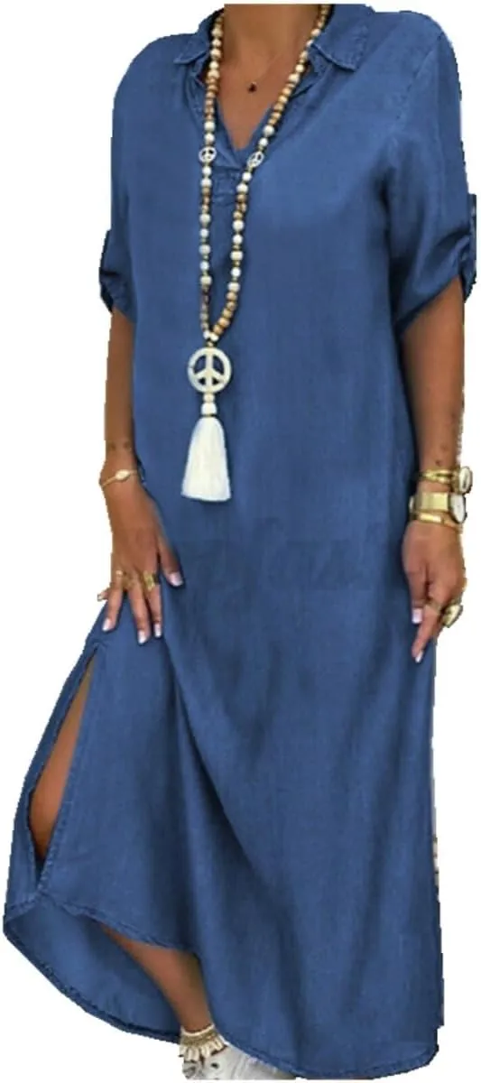 Women Denim Shirt Dress Summer Casual Loose Half Sleeve Classic Vintage Button Down Shirt Dresses with Pockets