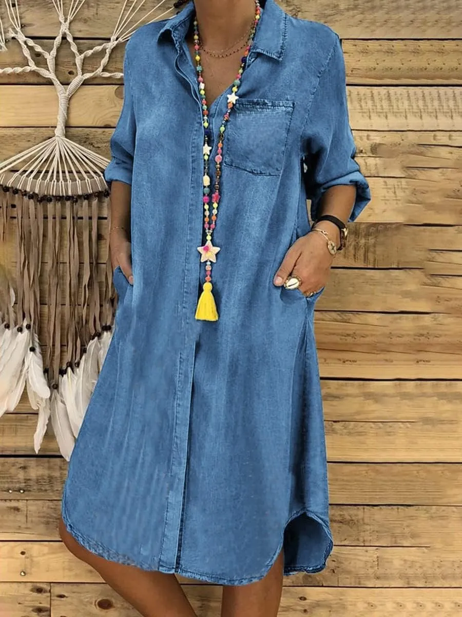 Women Denim Shirt Dress Summer Casual Loose Half Sleeve Classic Vintage Button Down Shirt Dresses with Pockets