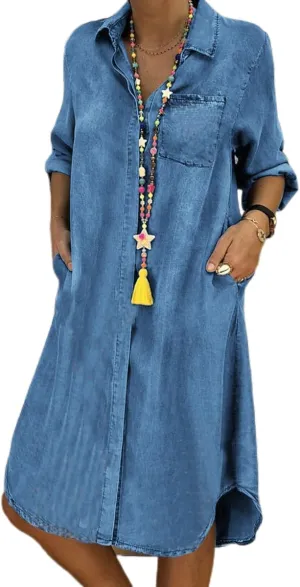 Women Denim Shirt Dress Summer Casual Loose Half Sleeve Classic Vintage Button Down Shirt Dresses with Pockets