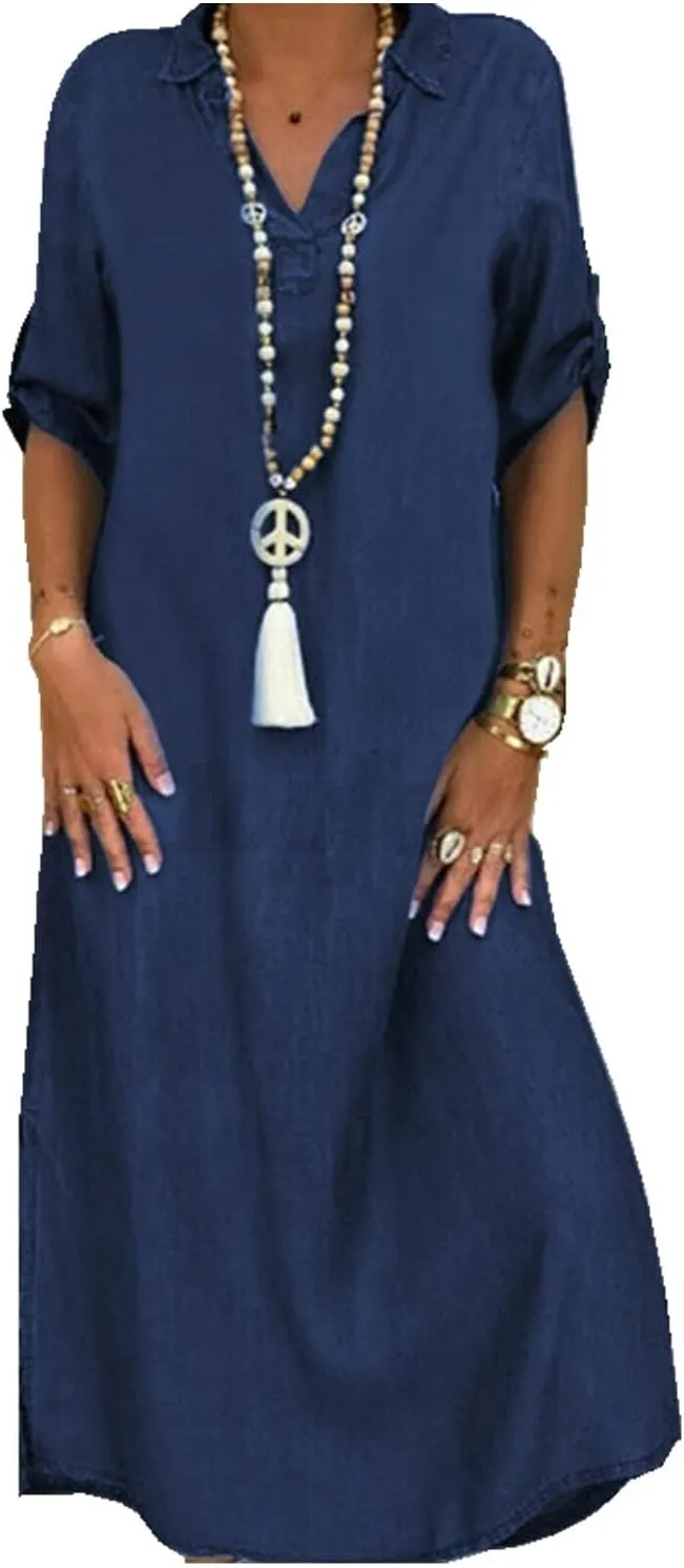 Women Denim Shirt Dress Summer Casual Loose Half Sleeve Classic Vintage Button Down Shirt Dresses with Pockets