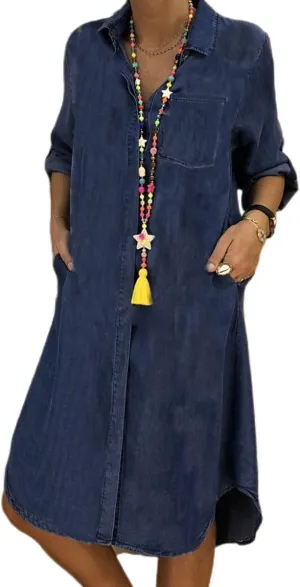 Women Denim Shirt Dress Summer Casual Loose Half Sleeve Classic Vintage Button Down Shirt Dresses with Pockets