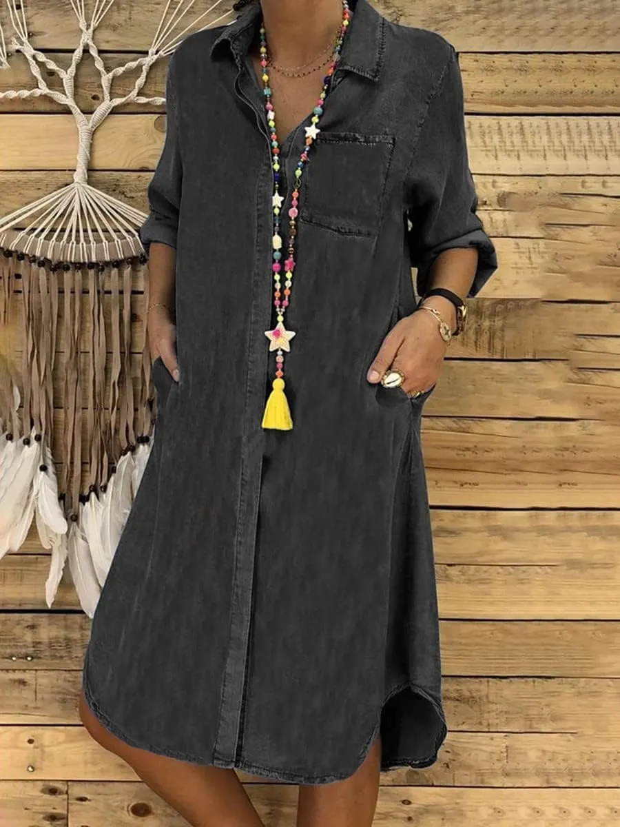 Women Denim Shirt Dress Summer Casual Loose Half Sleeve Classic Vintage Button Down Shirt Dresses with Pockets