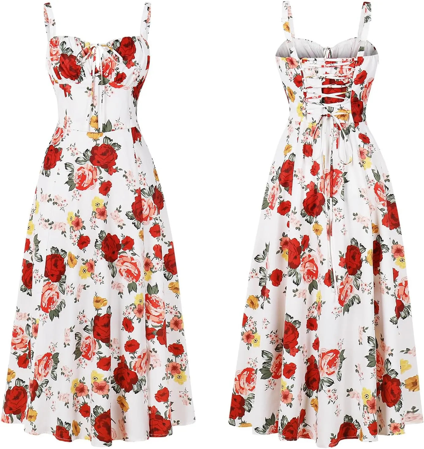Women Floral Corset Dress, Boho Summer Spaghetti Straps Square Neck Casual Midi Dress Flowy Slit Bustier Dresses