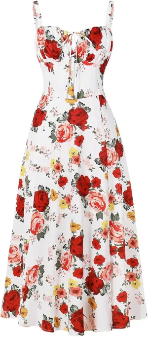 Women Floral Corset Dress, Boho Summer Spaghetti Straps Square Neck Casual Midi Dress Flowy Slit Bustier Dresses