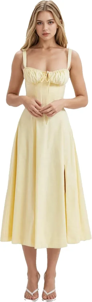 Women Floral Corset Dress, Boho Summer Spaghetti Straps Square Neck Casual Midi Dress Flowy Slit Bustier Dresses
