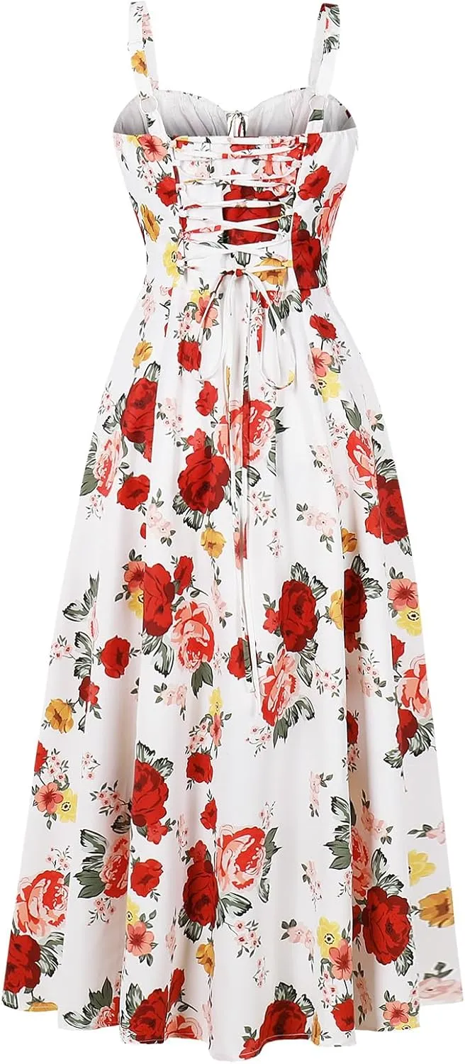 Women Floral Corset Dress, Boho Summer Spaghetti Straps Square Neck Casual Midi Dress Flowy Slit Bustier Dresses