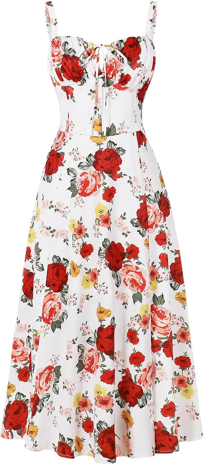 Women Floral Corset Dress, Boho Summer Spaghetti Straps Square Neck Casual Midi Dress Flowy Slit Bustier Dresses
