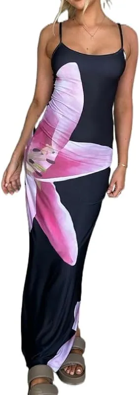Women Floral Spaghetti Strap Maxi Dress Boho Sleeveless Slim Fit Long Slip Dress Elegant Bodycon Summer Sundress