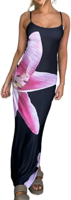 Women Floral Spaghetti Strap Maxi Dress Boho Sleeveless Slim Fit Long Slip Dress Elegant Bodycon Summer Sundress