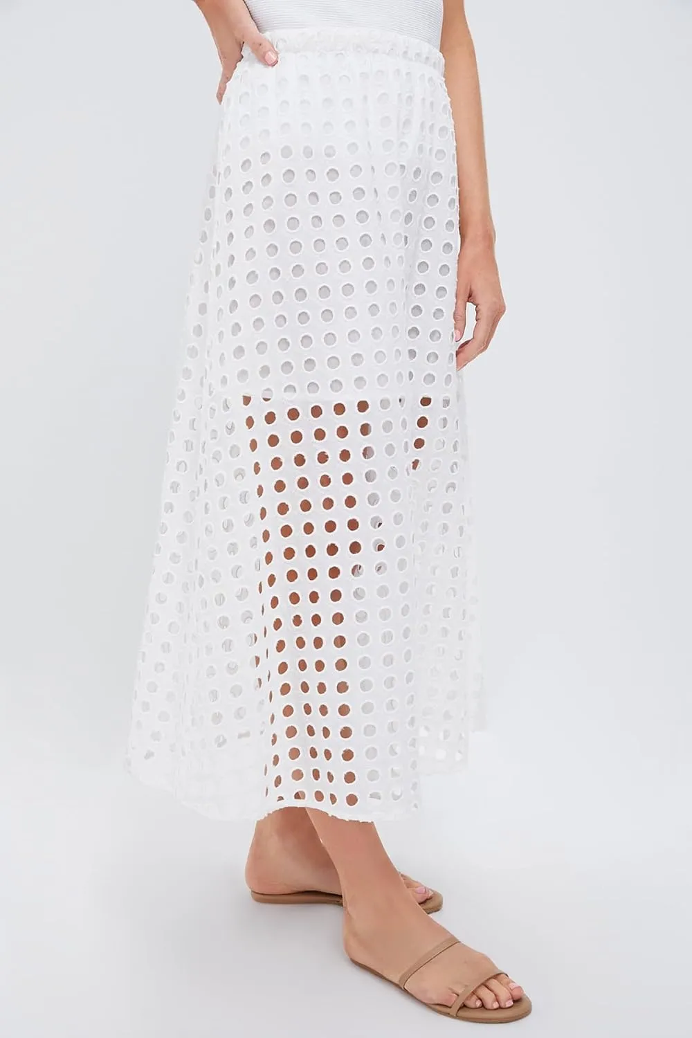 Women Flowy Summer Eyelet Maxi Skirt Hollow Out High Waist Long Skirts Embroidered A-Line Beach Skirt with Underneath