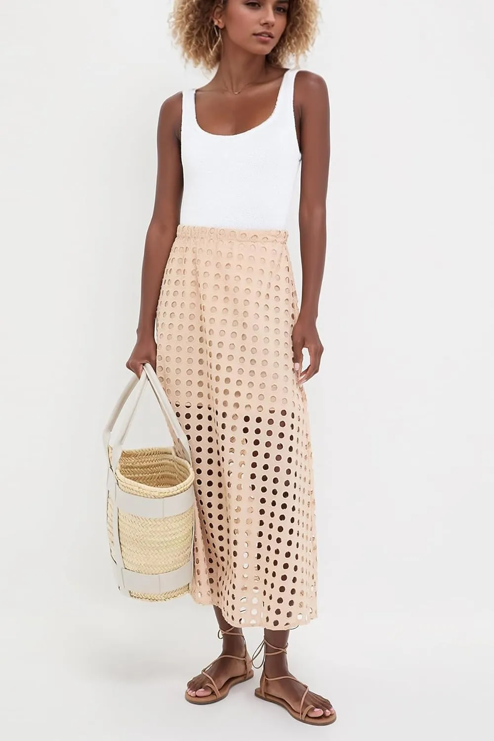 Women Flowy Summer Eyelet Maxi Skirt Hollow Out High Waist Long Skirts Embroidered A-Line Beach Skirt with Underneath