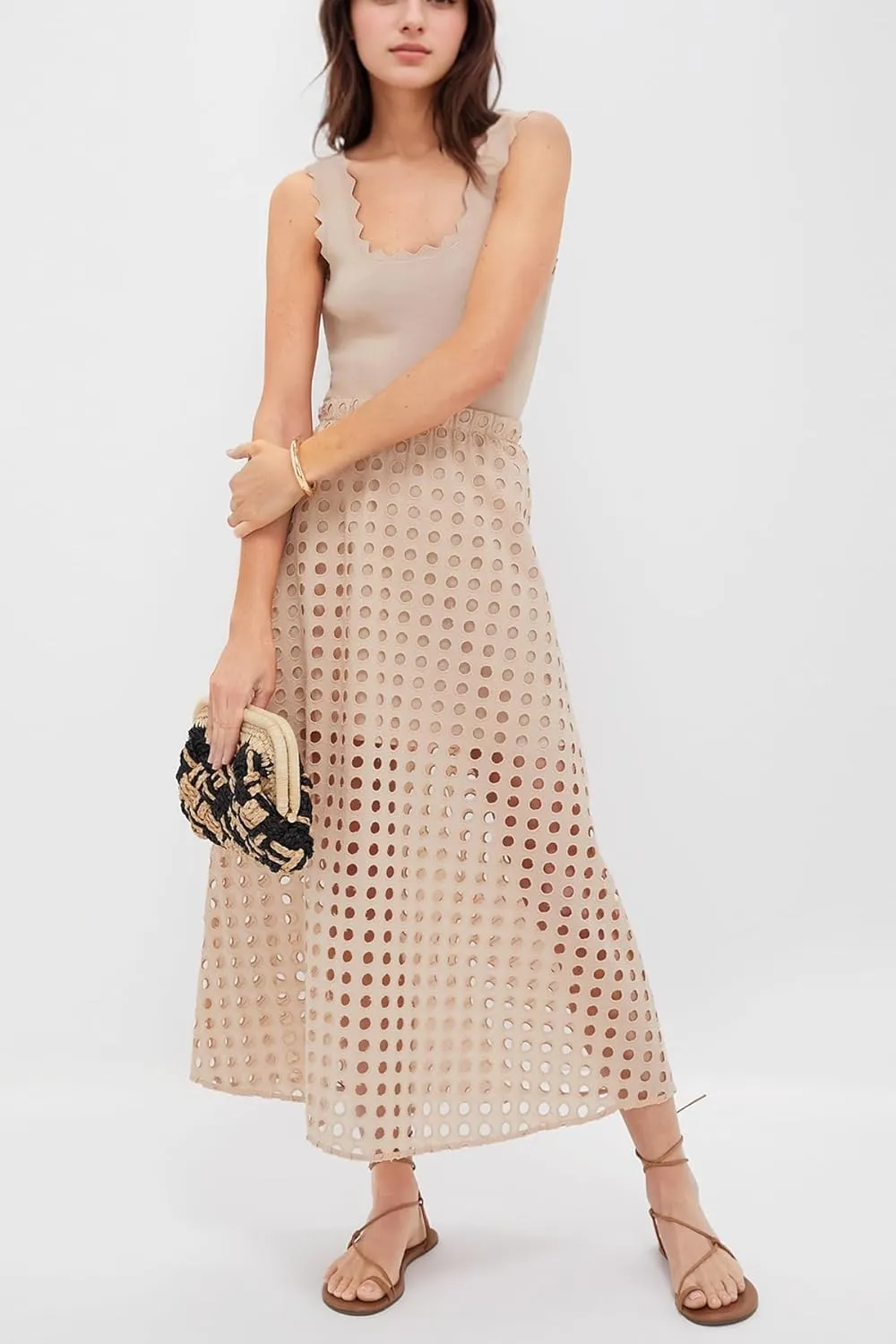 Women Flowy Summer Eyelet Maxi Skirt Hollow Out High Waist Long Skirts Embroidered A-Line Beach Skirt with Underneath