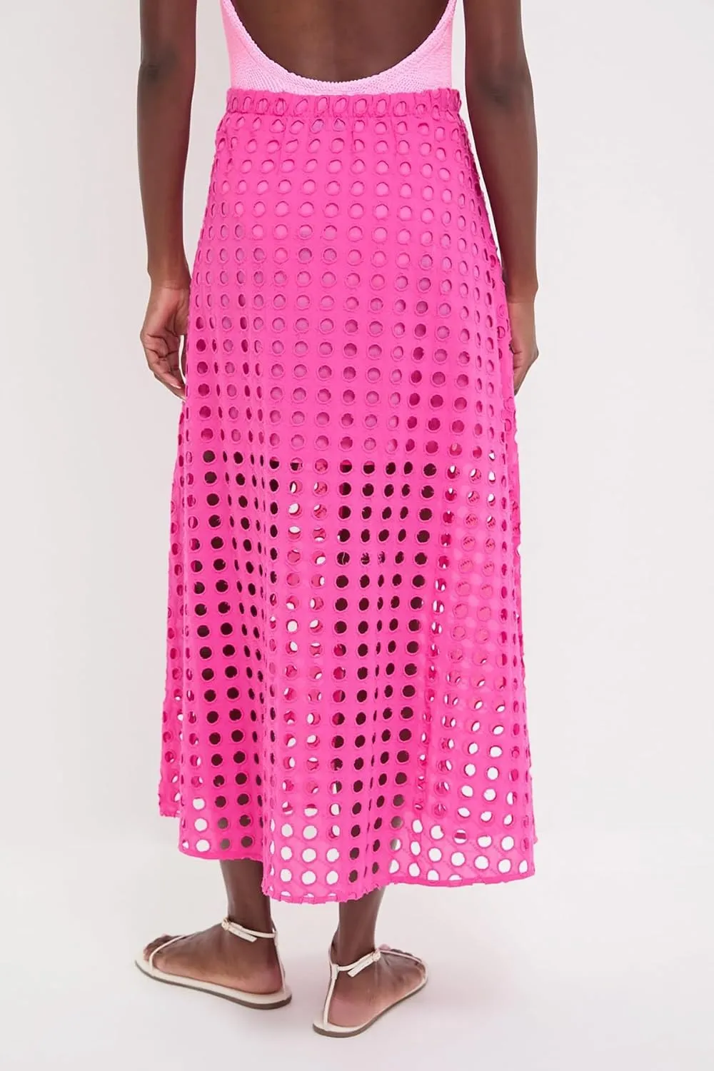 Women Flowy Summer Eyelet Maxi Skirt Hollow Out High Waist Long Skirts Embroidered A-Line Beach Skirt with Underneath