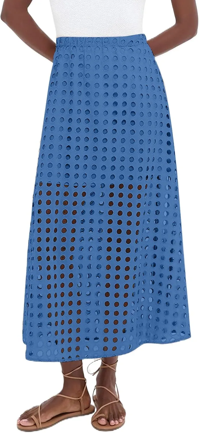 Women Flowy Summer Eyelet Maxi Skirt Hollow Out High Waist Long Skirts Embroidered A-Line Beach Skirt with Underneath
