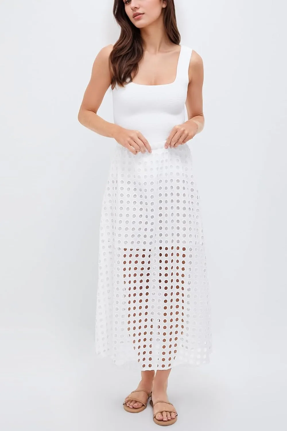 Women Flowy Summer Eyelet Maxi Skirt Hollow Out High Waist Long Skirts Embroidered A-Line Beach Skirt with Underneath
