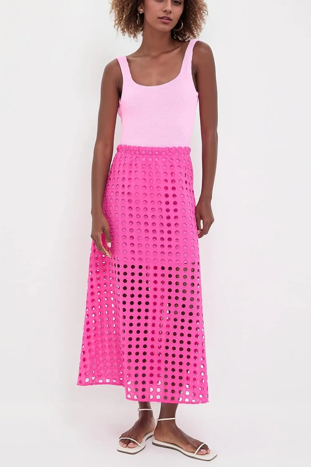 Women Flowy Summer Eyelet Maxi Skirt Hollow Out High Waist Long Skirts Embroidered A-Line Beach Skirt with Underneath