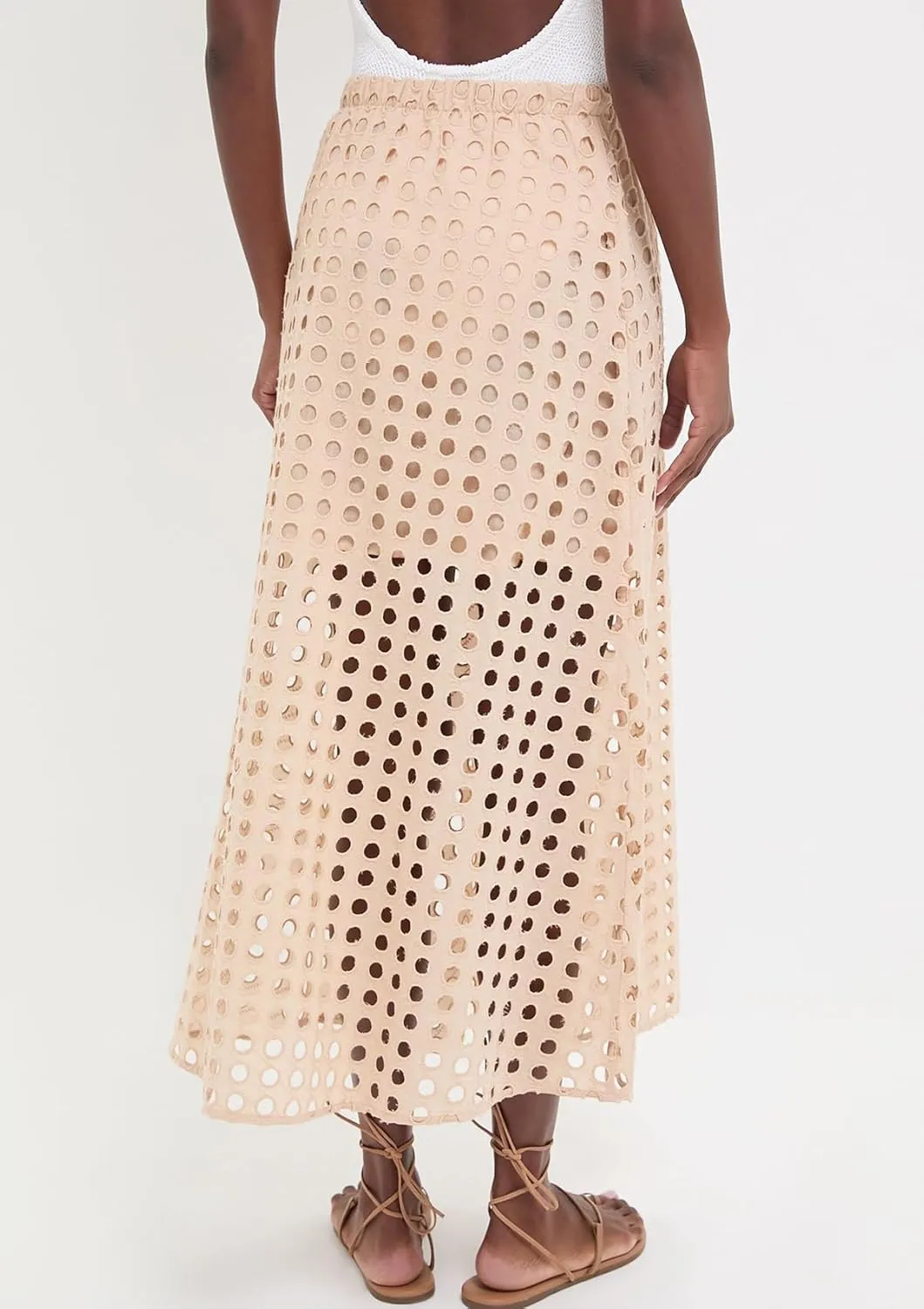 Women Flowy Summer Eyelet Maxi Skirt Hollow Out High Waist Long Skirts Embroidered A-Line Beach Skirt with Underneath