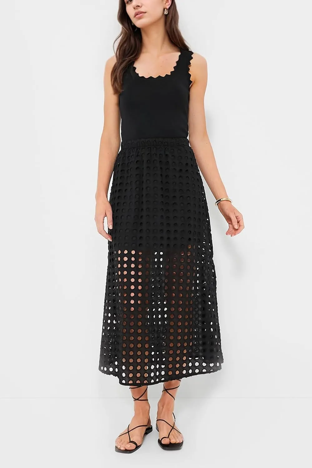 Women Flowy Summer Eyelet Maxi Skirt Hollow Out High Waist Long Skirts Embroidered A-Line Beach Skirt with Underneath