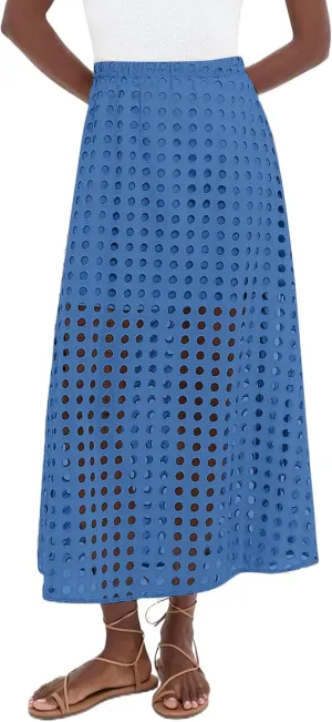 Women Flowy Summer Eyelet Maxi Skirt Hollow Out High Waist Long Skirts Embroidered A-Line Beach Skirt with Underneath