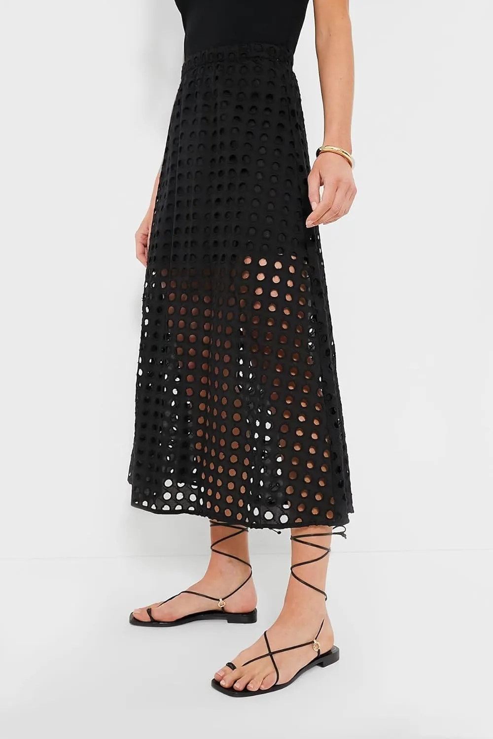 Women Flowy Summer Eyelet Maxi Skirt Hollow Out High Waist Long Skirts Embroidered A-Line Beach Skirt with Underneath
