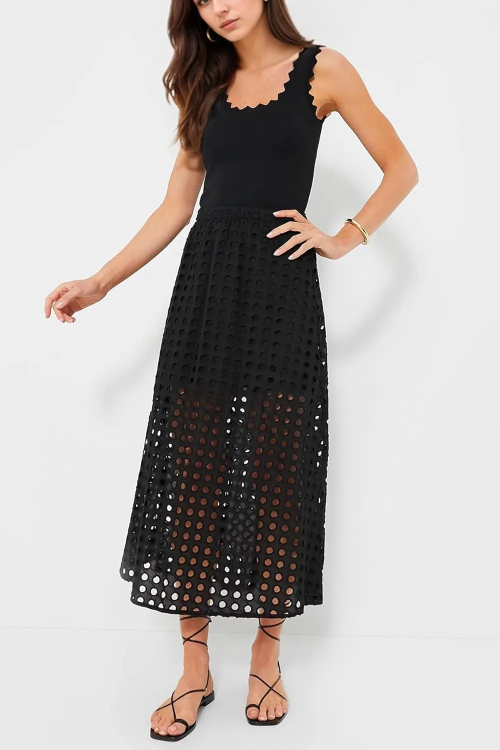 Women Flowy Summer Eyelet Maxi Skirt Hollow Out High Waist Long Skirts Embroidered A-Line Beach Skirt with Underneath