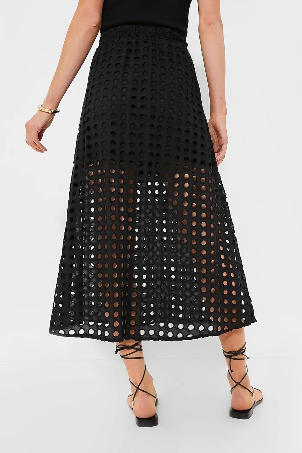 Women Flowy Summer Eyelet Maxi Skirt Hollow Out High Waist Long Skirts Embroidered A-Line Beach Skirt with Underneath